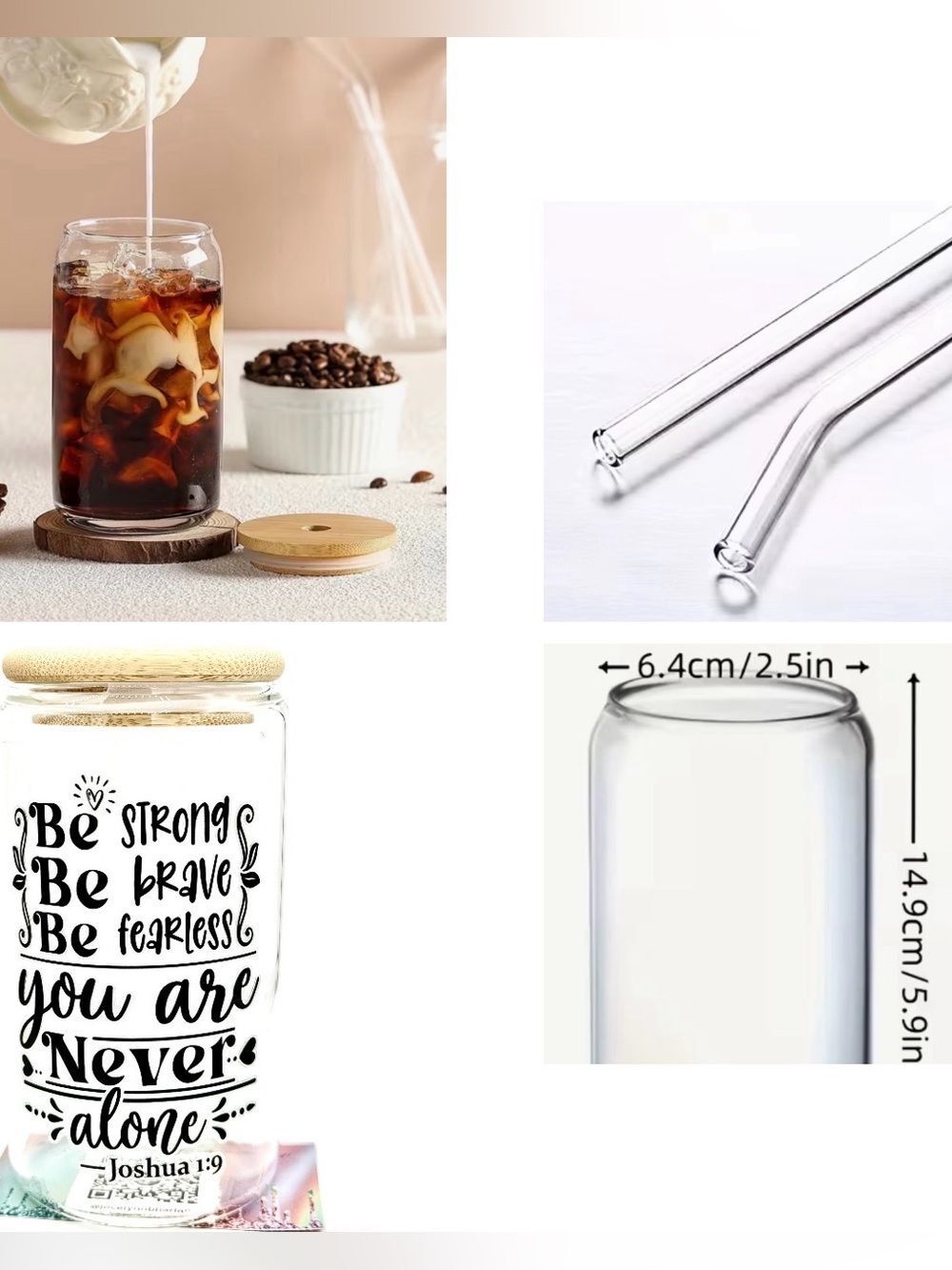 NWT BE STRONG BE BRAVE BE FEARLESS…GLASS DRINK CONTAINER OTHER LISTINGS AVAIL